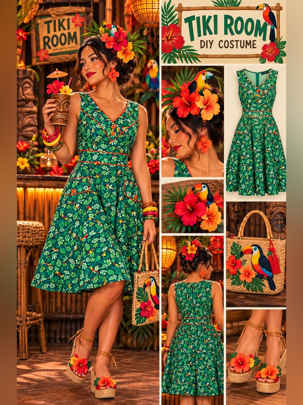 Retrolicious Floral V-Neck Midi Dress with toucan print ; tiki room 🍹